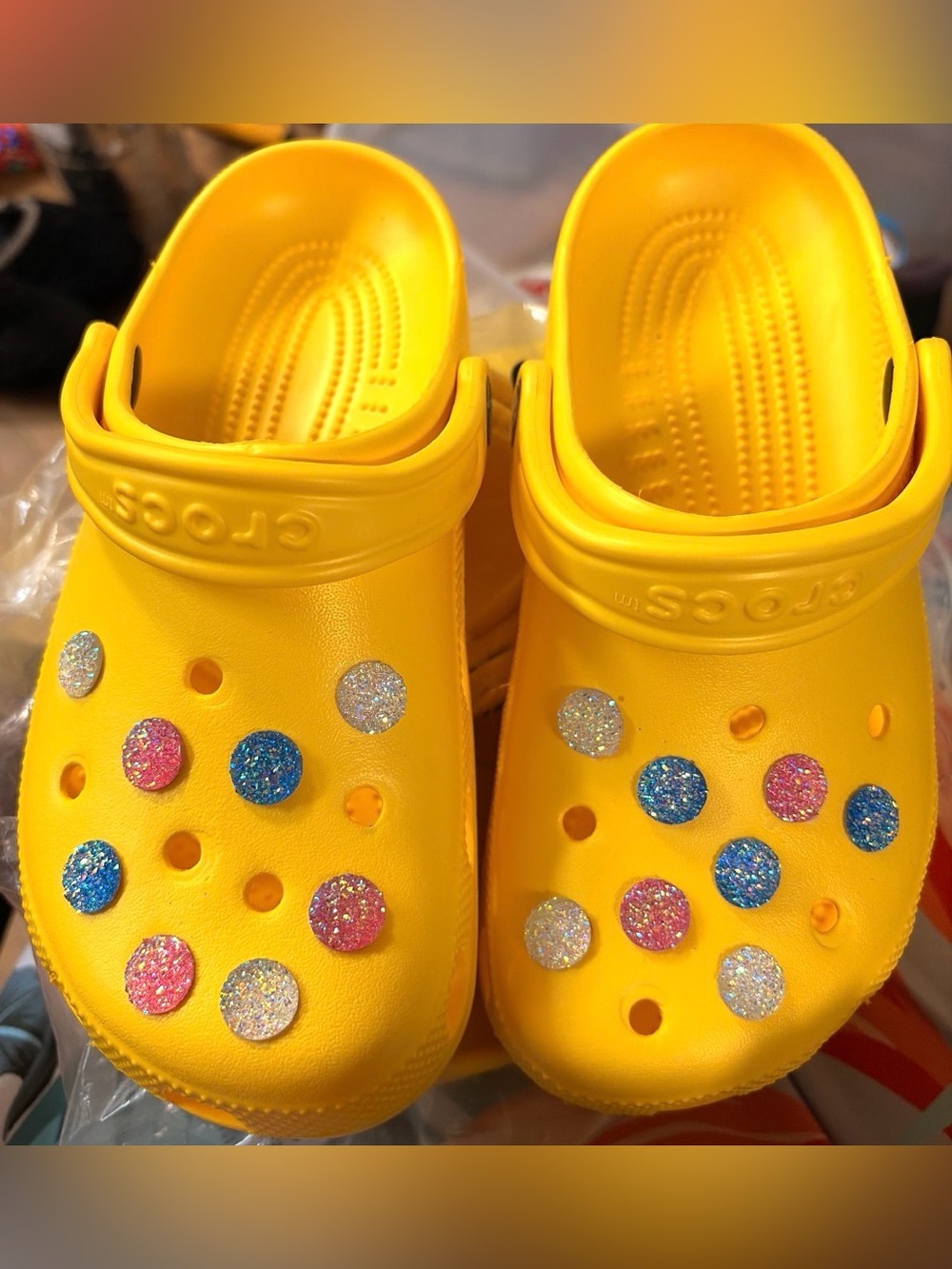 Brand New Yellow Crocs with Sparkle Charms